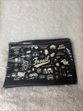 Fossil VintageGraphic Zipper Pouch Black Canvas Cosmetic Utility Bag New